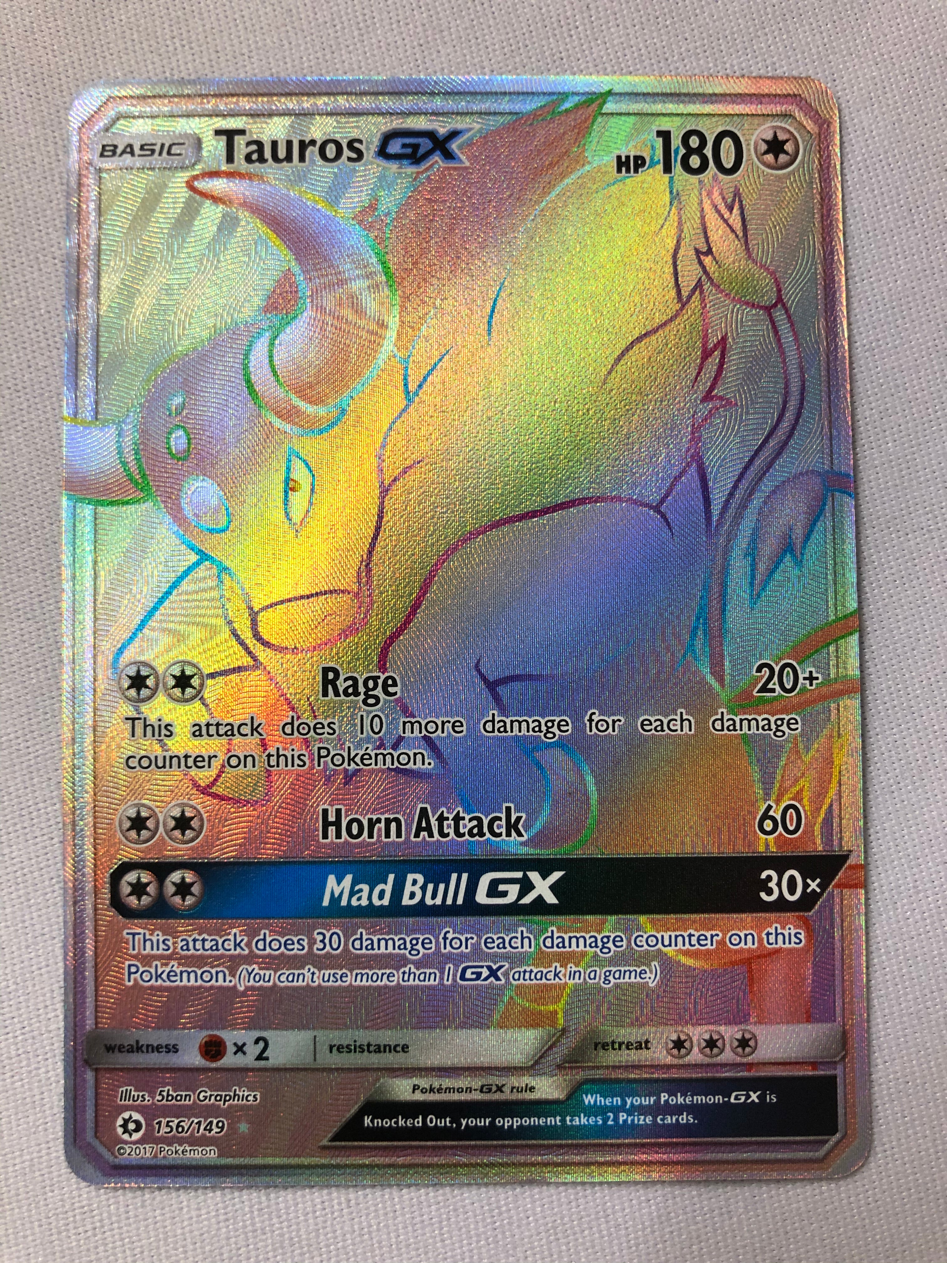Tauros GX 156/149 Rainbow Hyper Secret Rare Base Set Pokemon Card Near Tauros GX 156/149 Rainbow Hyper Secret Rare Base Set Pokemon Card Near
