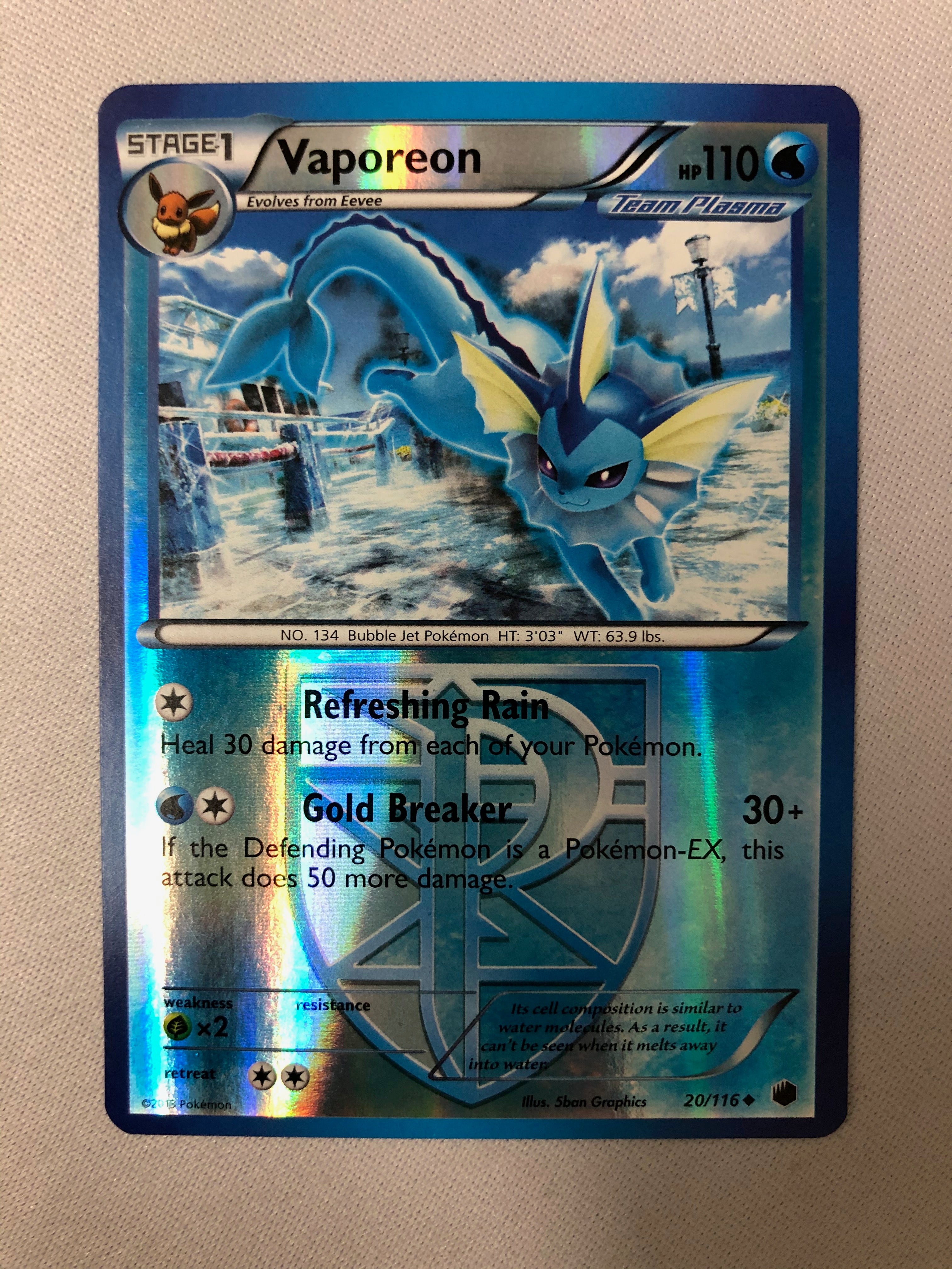 Vaporeon 20/116 Plasma Freeze Reverse Holo Pokemon Card NM Vaporeon 20/116 Plasma Freeze Reverse Holo Pokemon Card NM