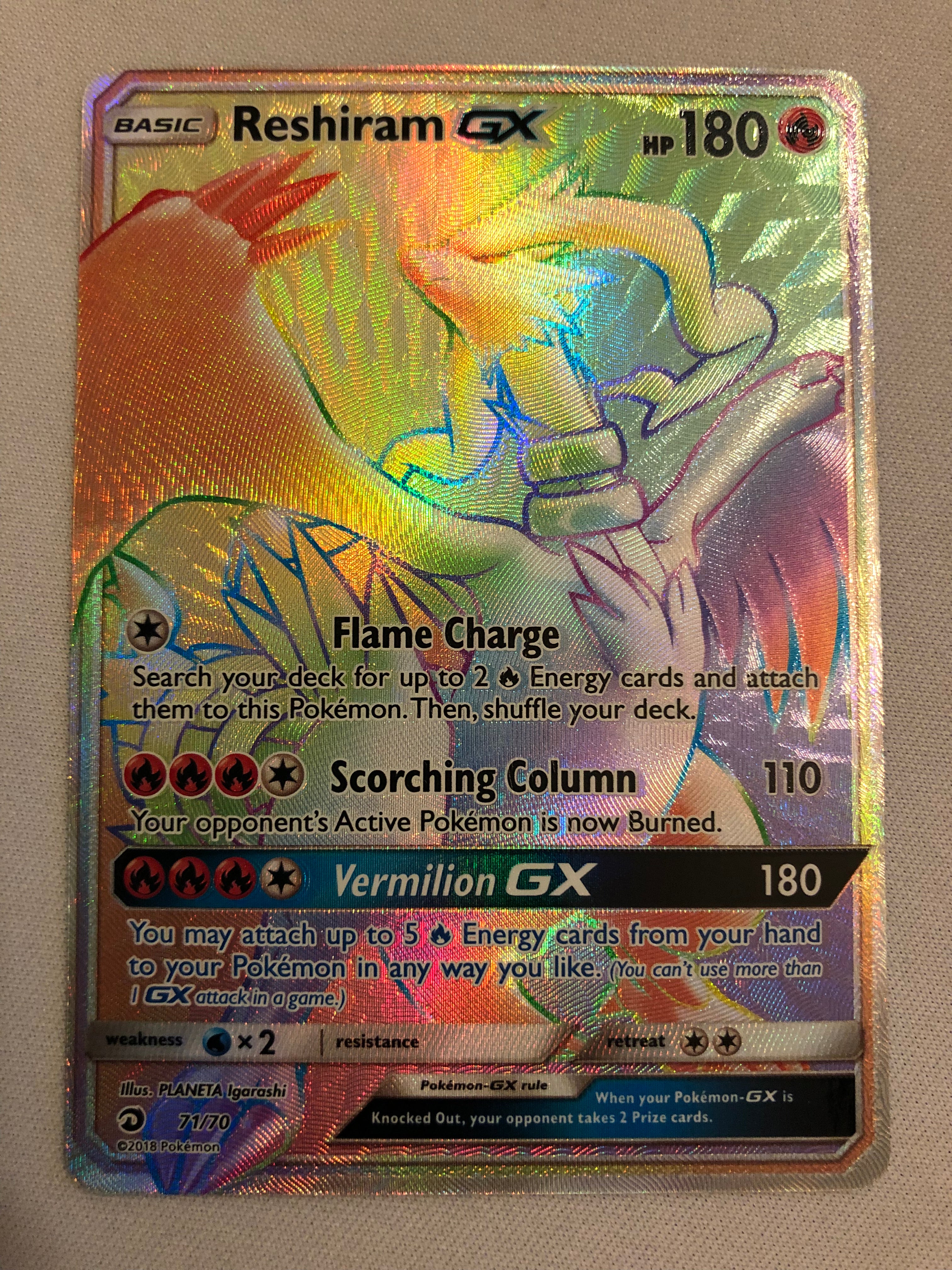 Reshiram GX 71/70 Hyper Rainbow Secret Rare Pokemon Card Near Mint