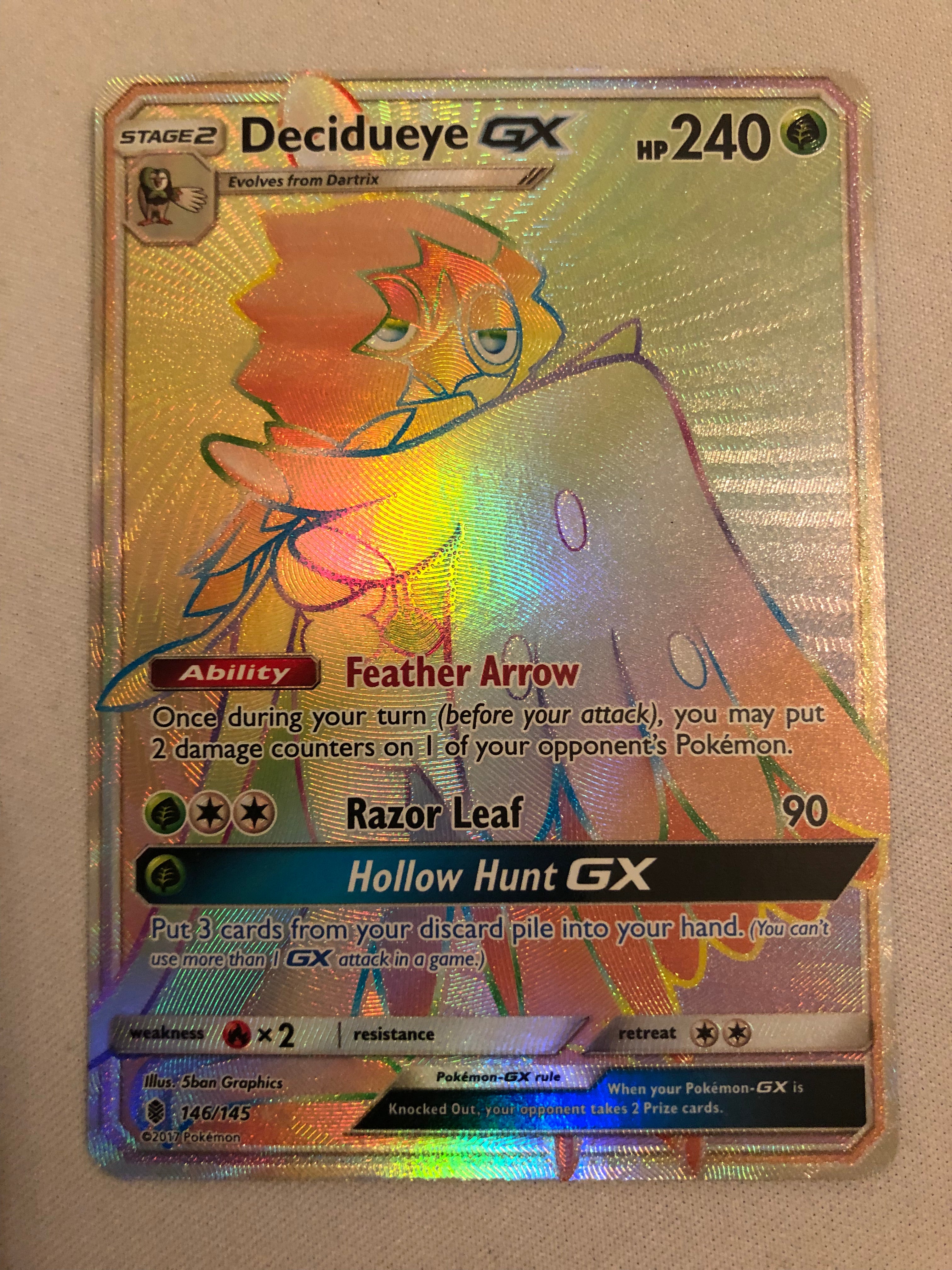 Decidueye GX 146/145 Rainbow Hyper Rare Pokemon Card Near Mint Decidueye GX 146/145 Rainbow Hyper Rare Pokemon Card Near Mint
