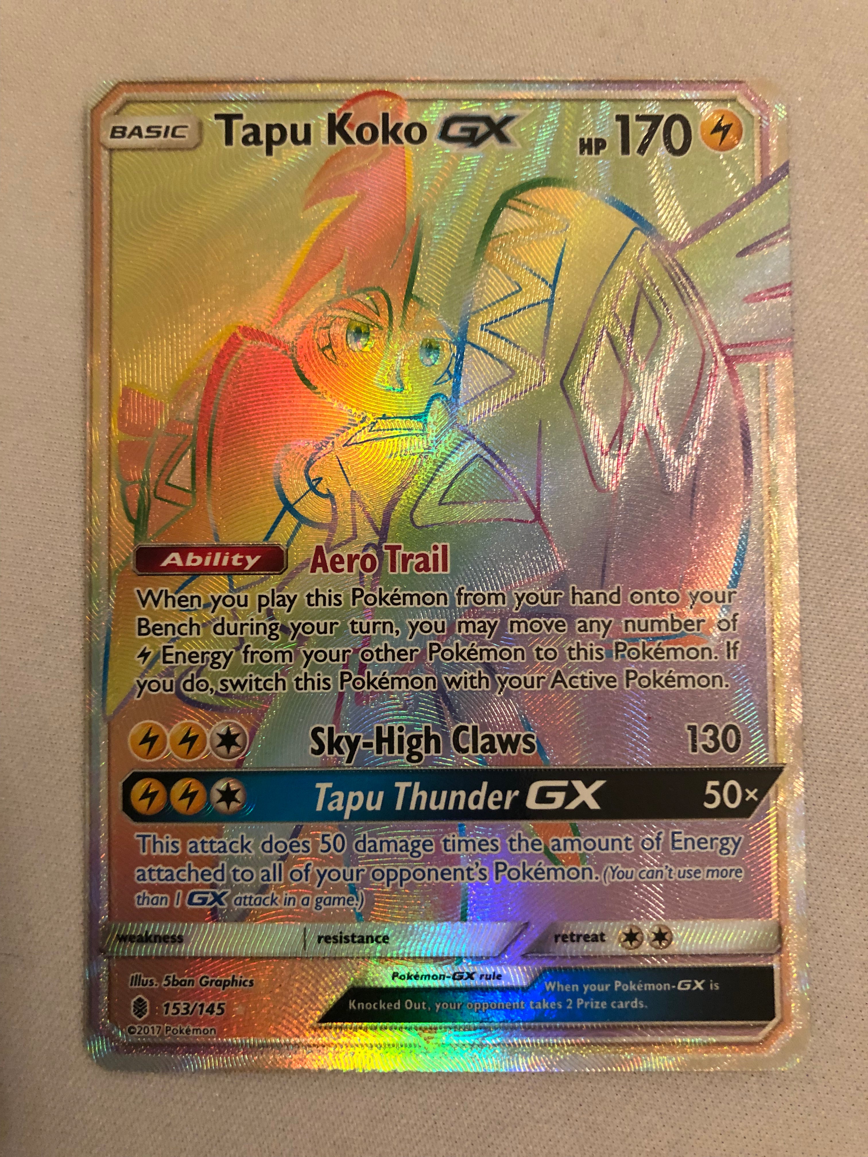 Tapu Koko GX 153/145 Rainbow Secret Rare Pokemon Card Near Mint