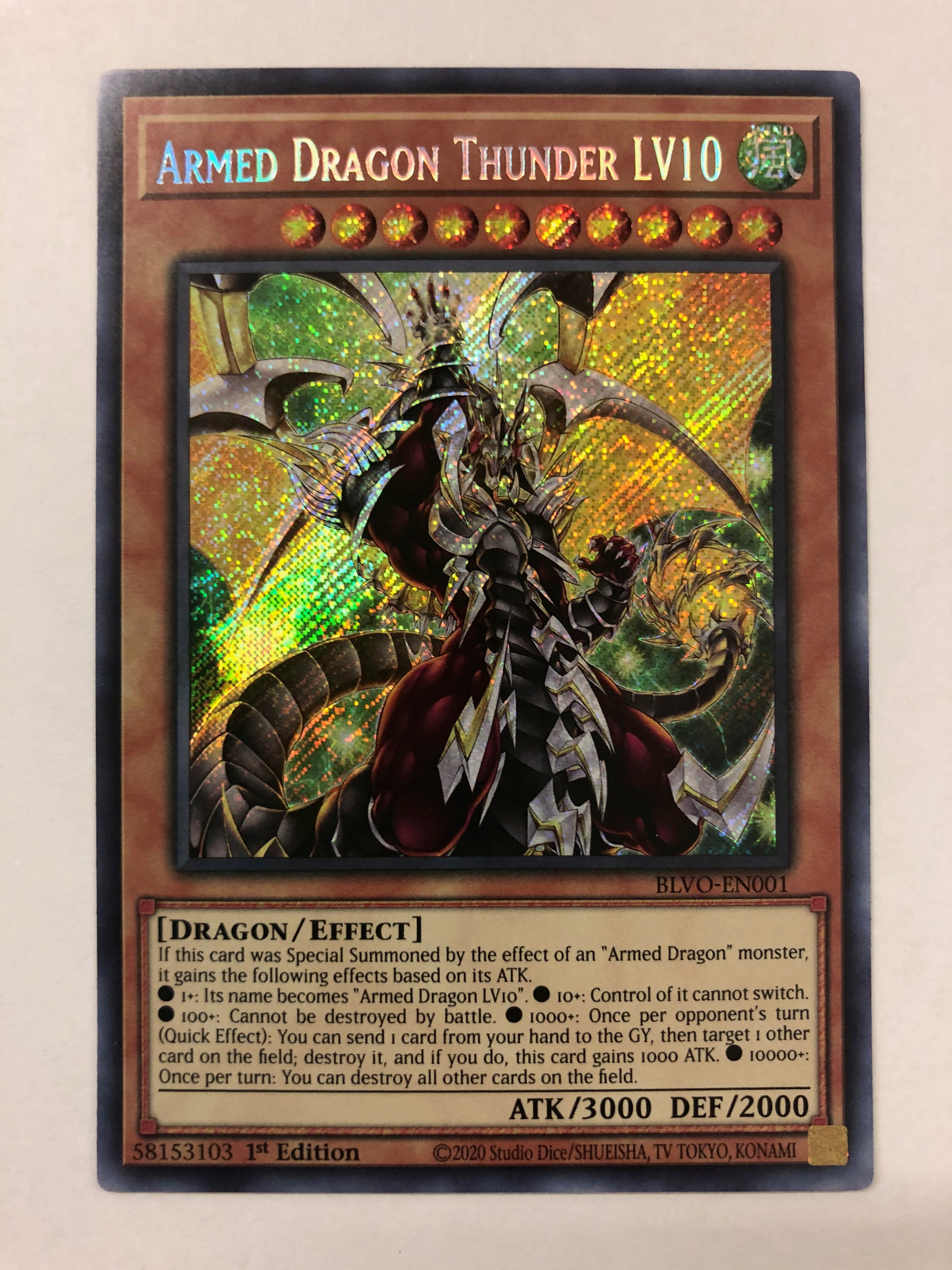 Yugioh Armed Dragon Thunder LV10 BLVO-EN001 1st Edition Secret Rare Near  Mint