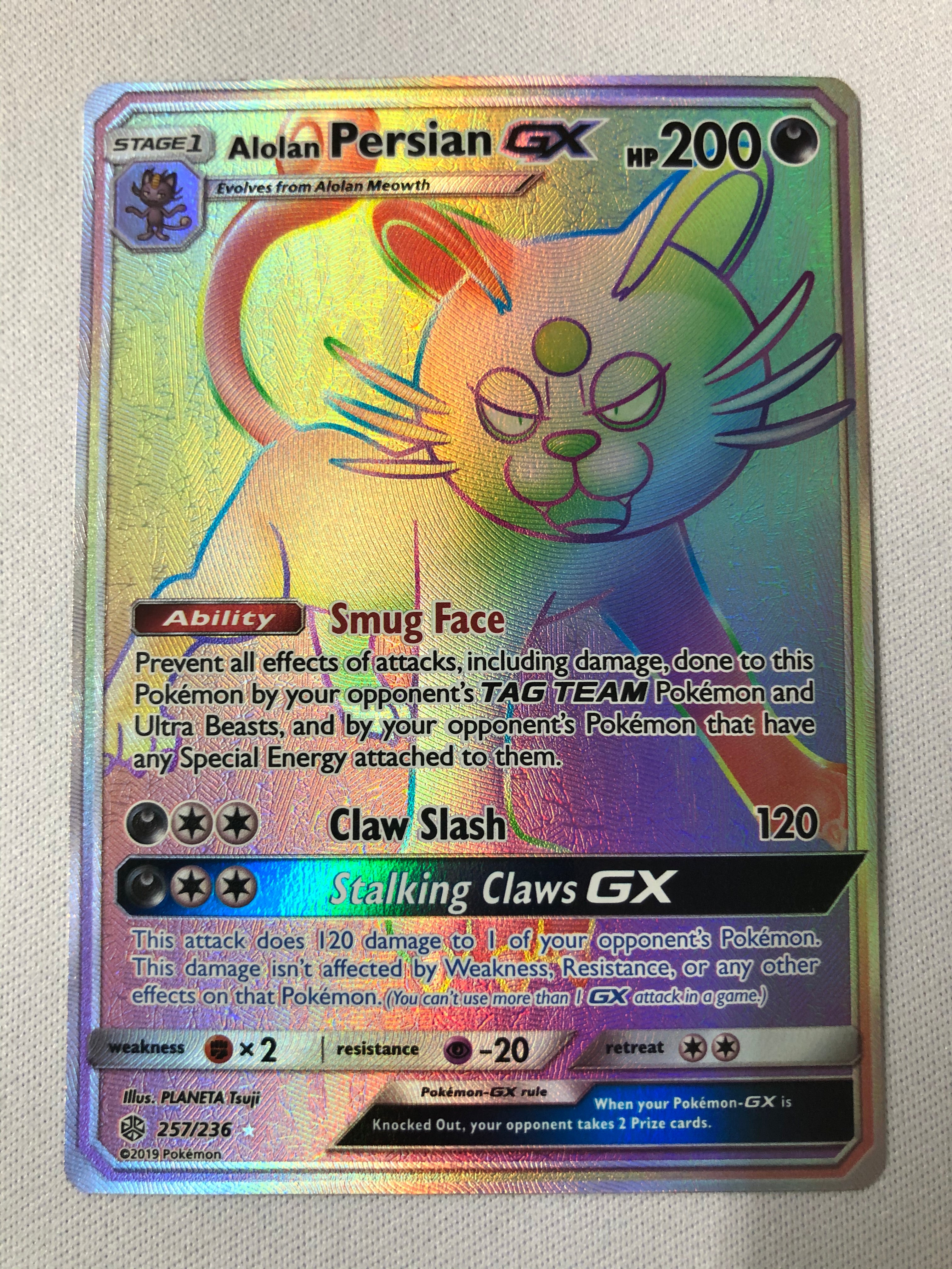 Alolan Persian GX 257/236 Rainbow Secret Rare Cosmic Eclipse Pokemon C