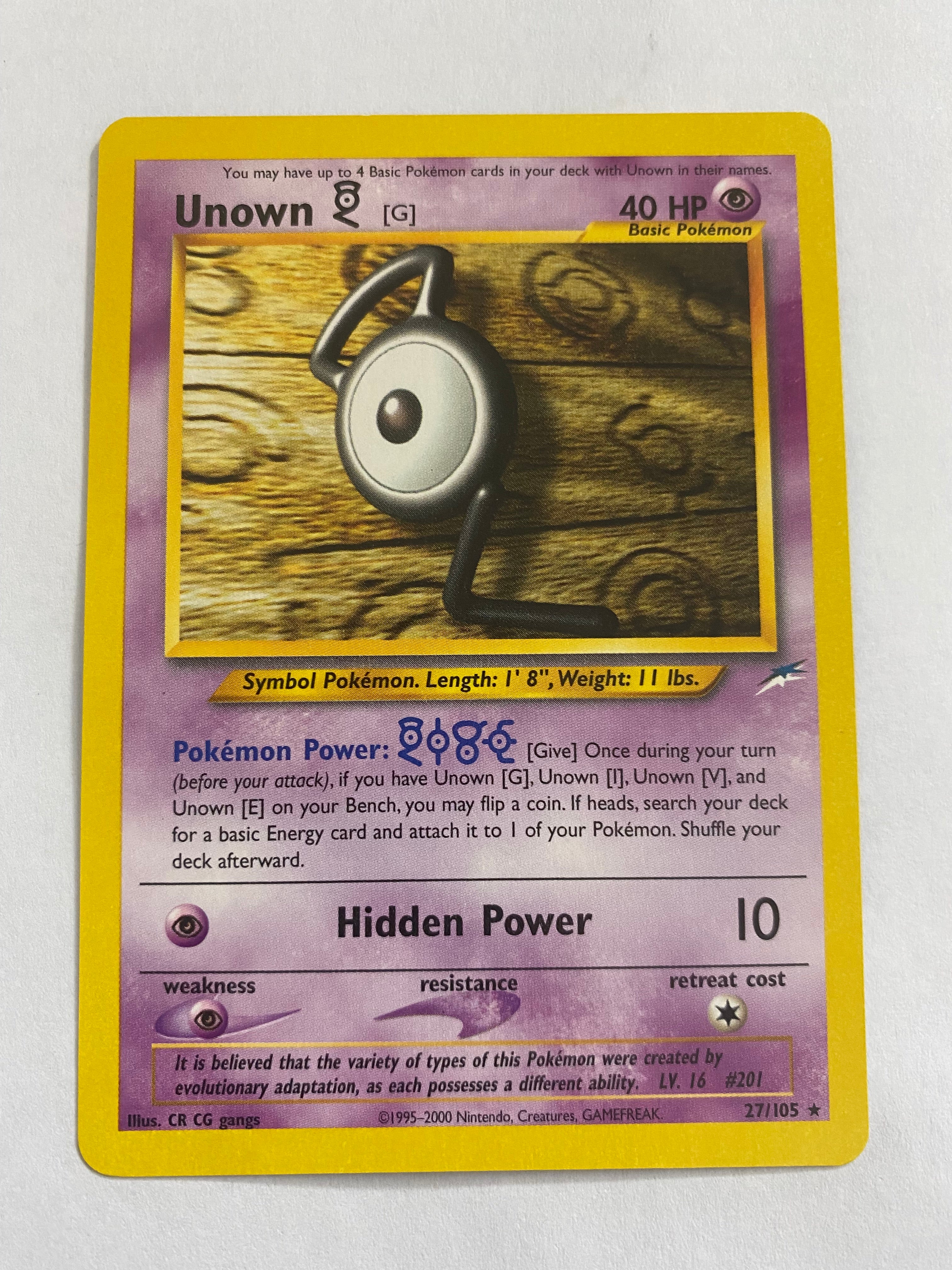 unown pokemon card value 1995 Unown [G] -27/105 Rare Unlimited Edition Pokemon Card NM