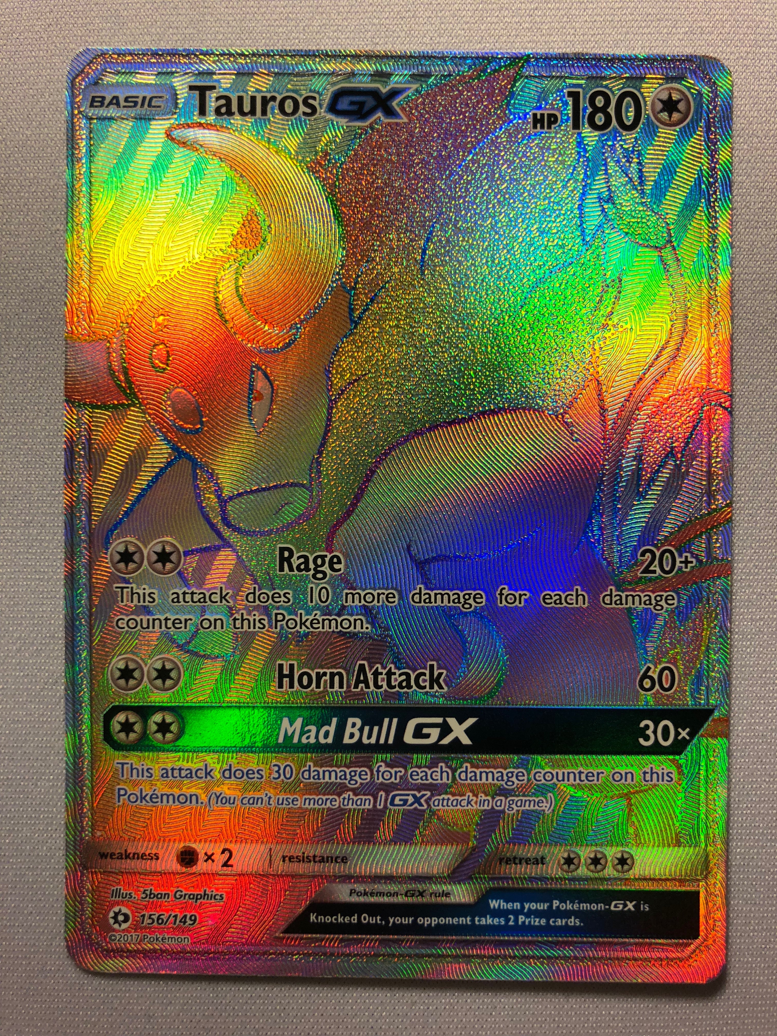 Tauros GX 156/149 Rainbow Secret Rare Pokemon Card Near Mint Tauros GX 156/149 Rainbow Secret Rare Pokemon Card Near Mint