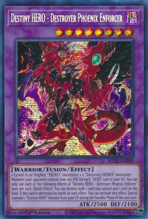 Yugioh Destiny Hero-Destroyer Phoenix Enforcer MP22-EN209 Prismatic Secret Rare 1st Edition Near Mint