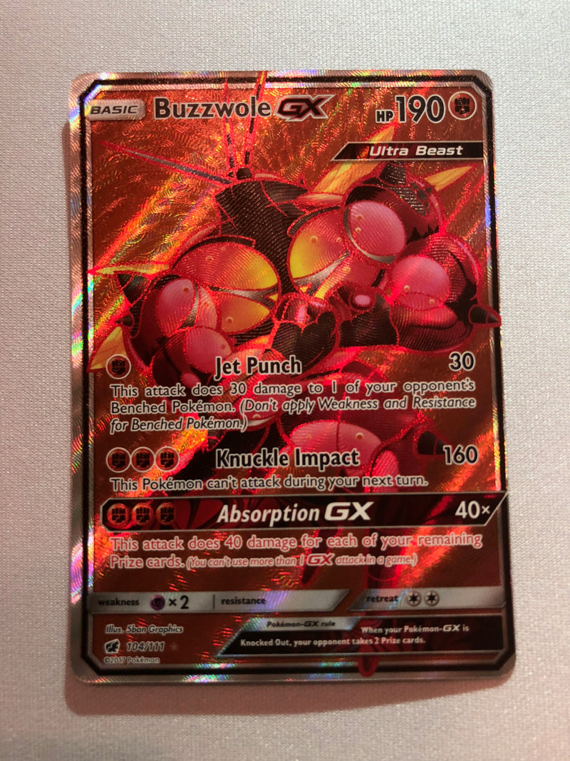Buzzwole GX 104/111 Crimson Invasion Full Art Ultra Rare Pokemon Card Buzzwole GX 104/111 Crimson Invasion Full Art Ultra Rare Pokemon Card