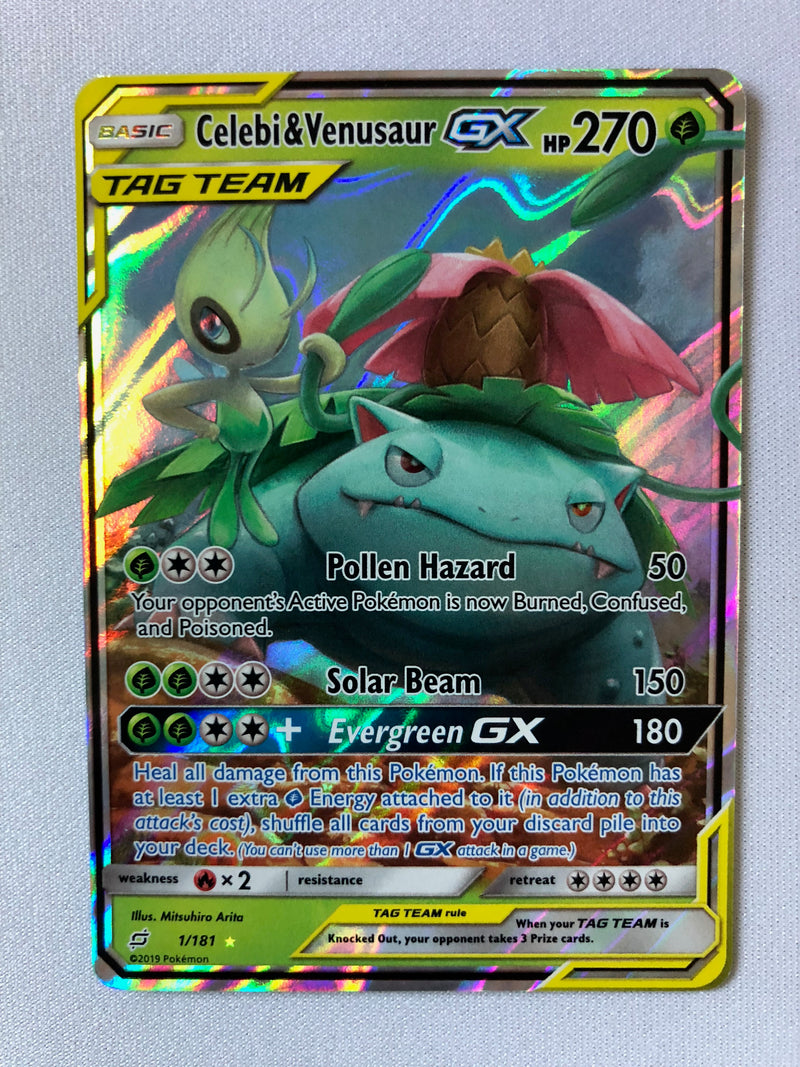 Celebi & Venusaur GX 1/181 Team Up Holo Rare Pokemon Card Near Mint