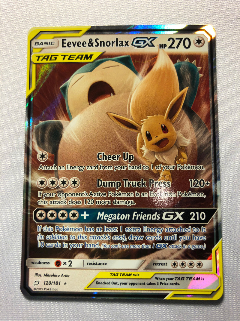 Eevee & Snorlax GX 120/181 Ultra Rare Holo Team Up Pokemon Card Near M Eevee & Snorlax GX 120/181 Ultra Rare Holo Team Up Pokemon Card Near M