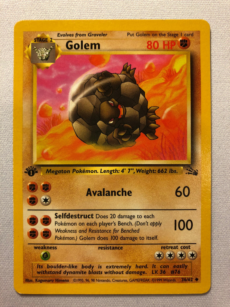 Golem 36/62 1st Edition Rare Fossil Set Pokemon Card Near Mint