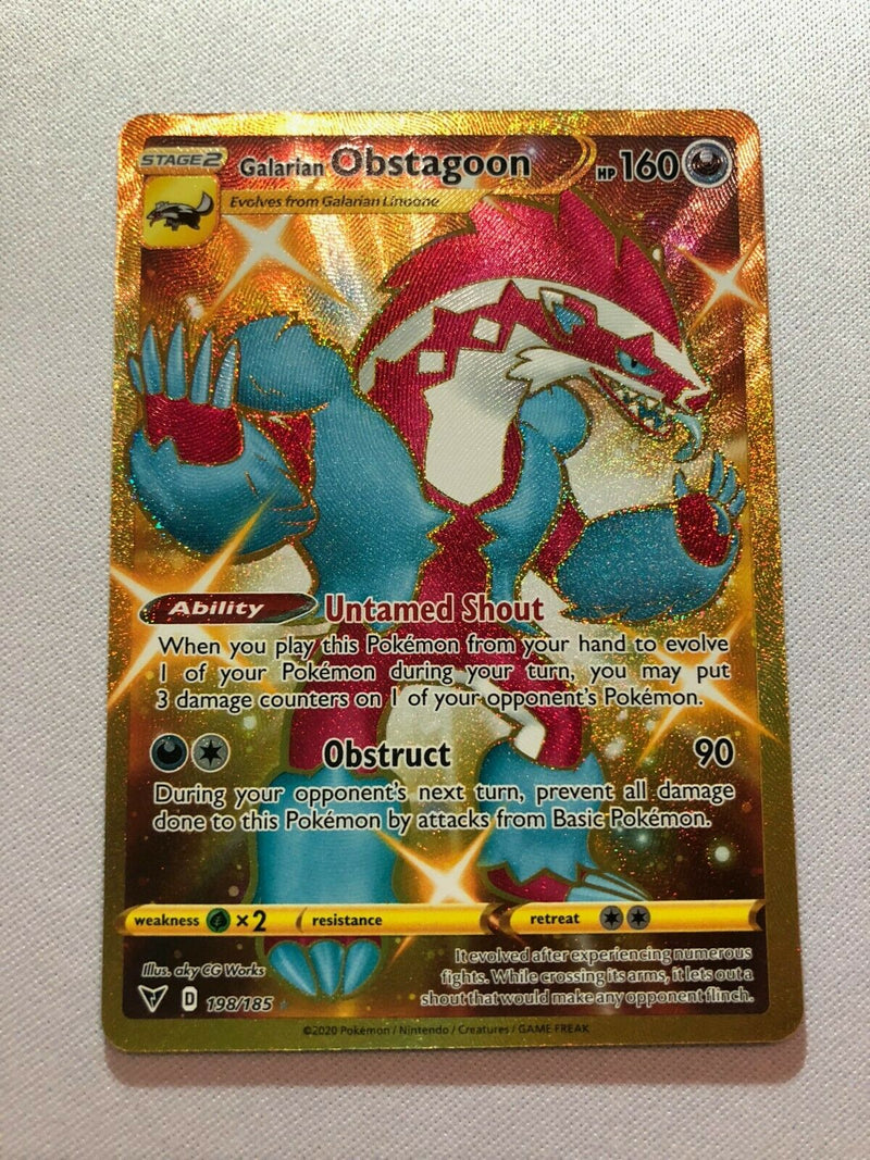 Galarian Obstagoon 198/185 Vivid Voltage Gold Secret Rare Pokemon Card Galarian Obstagoon 198/185 Vivid Voltage Gold Secret Rare Pokemon Card