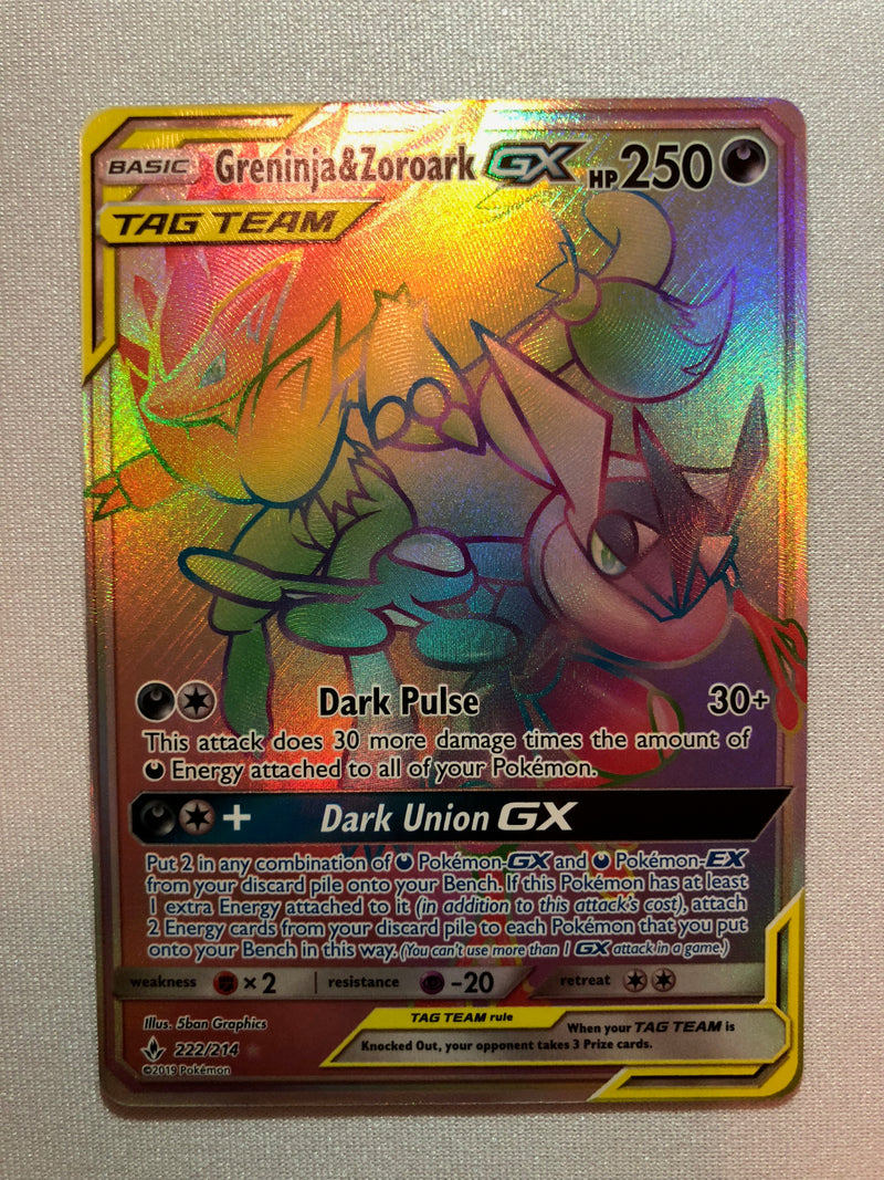 Greninja & Zoroark GX 222/214 Unbroken Bonds Rainbow Rare Pokemon.Card Greninja & Zoroark GX 222/214 Unbroken Bonds Rainbow Rare Pokemon.Card