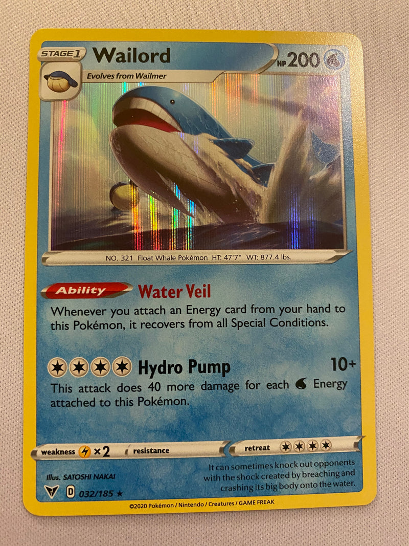Wailord 032/185 Holo Rare Vivid Voltage Pokemon Card Near Mint Wailord 032/185 Holo Rare Vivid Voltage Pokemon Card Near Mint