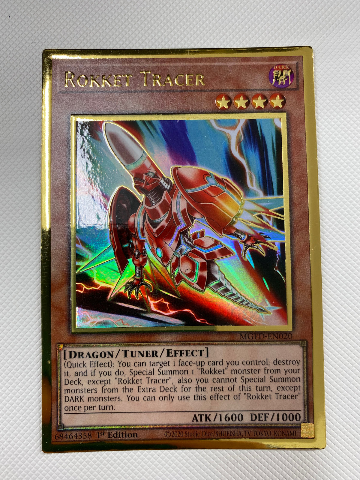 Yugioh Rokket Tracer MGED-EN020 Premium Gold Rare 1st Edition Near Min