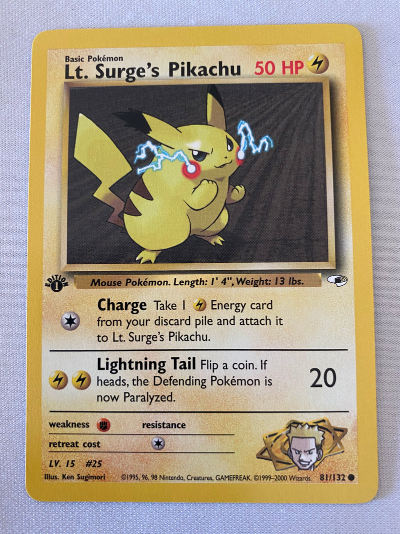 Lt. Surge's Pikachu 81/132 1st Edition Gym Heroes Pokemon Card Near Mi Lt. Surge's Pikachu 81/132 1st Edition Gym Heroes Pokemon Card Near Mi