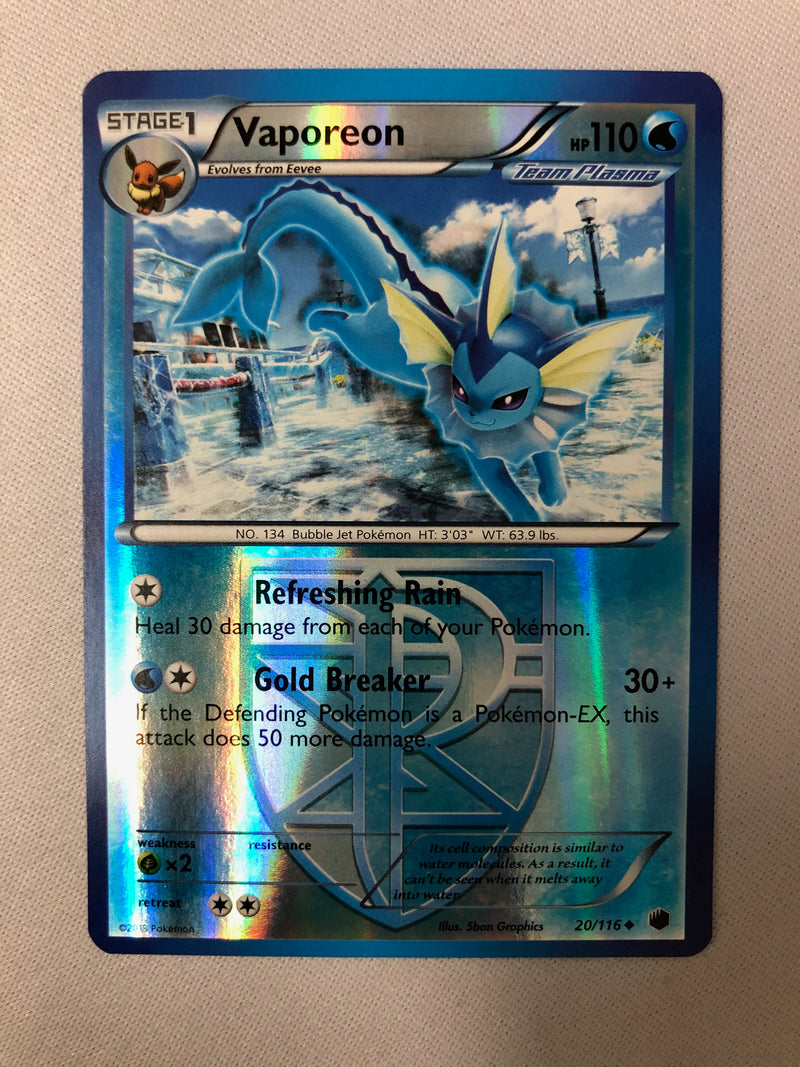 Vaporeon 20/116 Plasma Freeze Reverse Holo Pokemon Card NM Vaporeon 20/116 Plasma Freeze Reverse Holo Pokemon Card NM