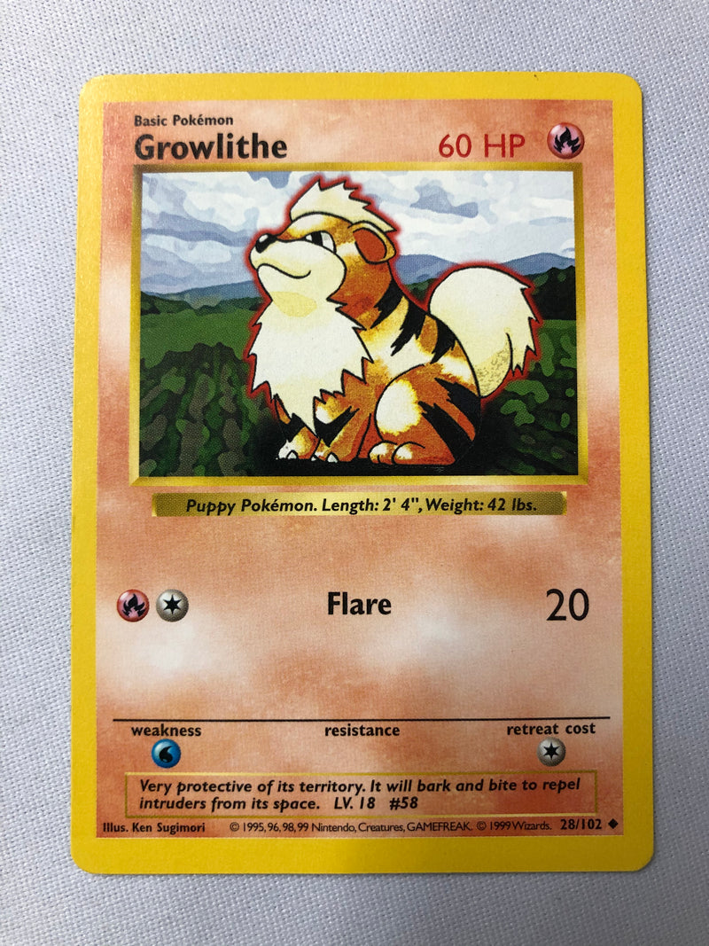 Growlithe 28/102 Shadowless Base Set Uncommon Pokemon Card Near Mint