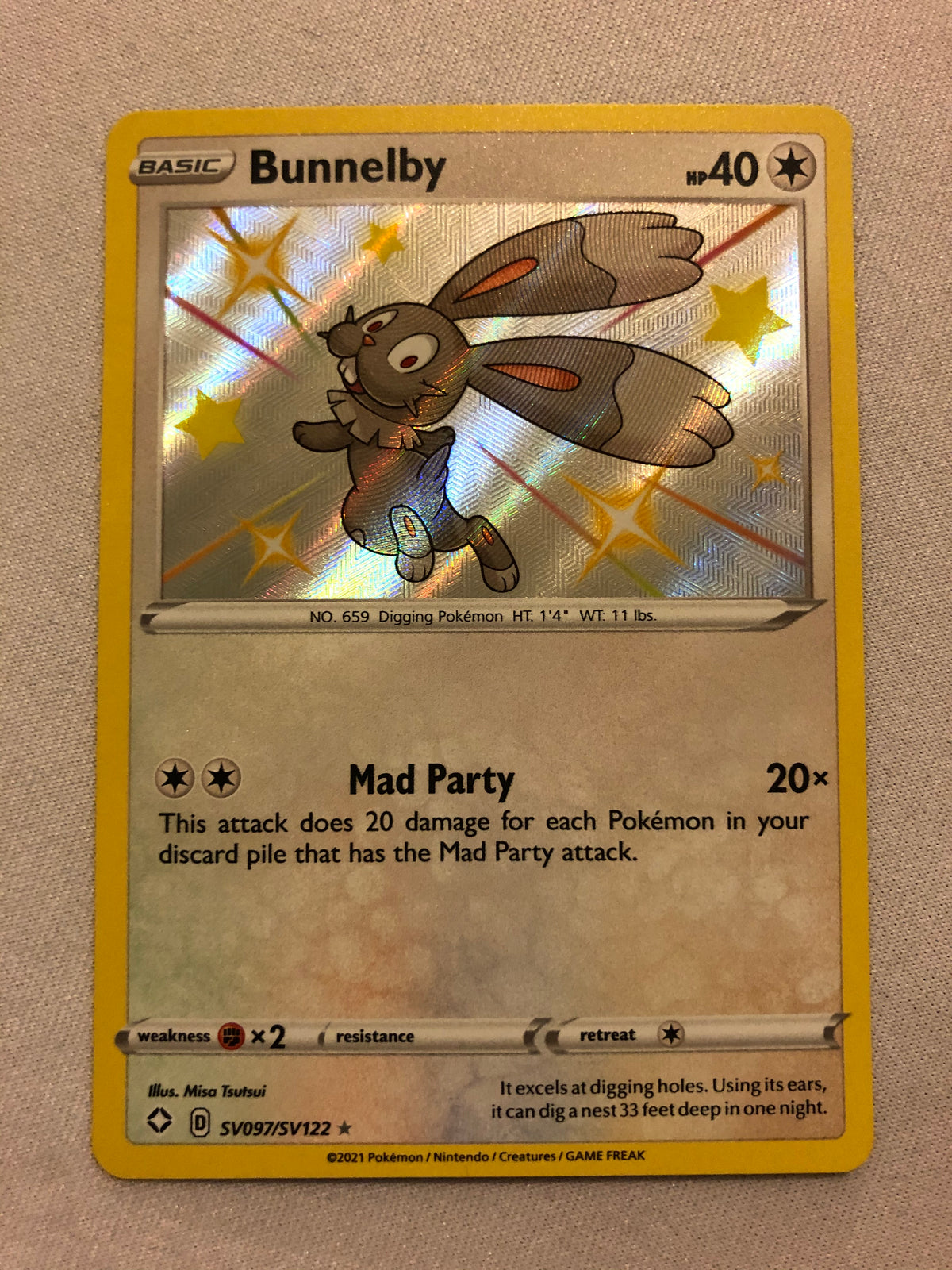 shiny bunnelby pokemon card Bunnelby SV097/SV122 Shining Fates Set Shiny Holo Pokemon Card Near Mi