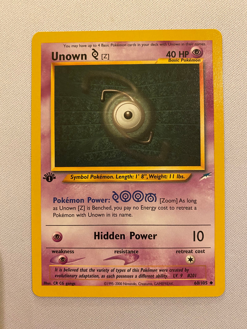 unown pokemon card 1995 Unown Z, 60/105 1st Edition Pokemon Card Near Mint