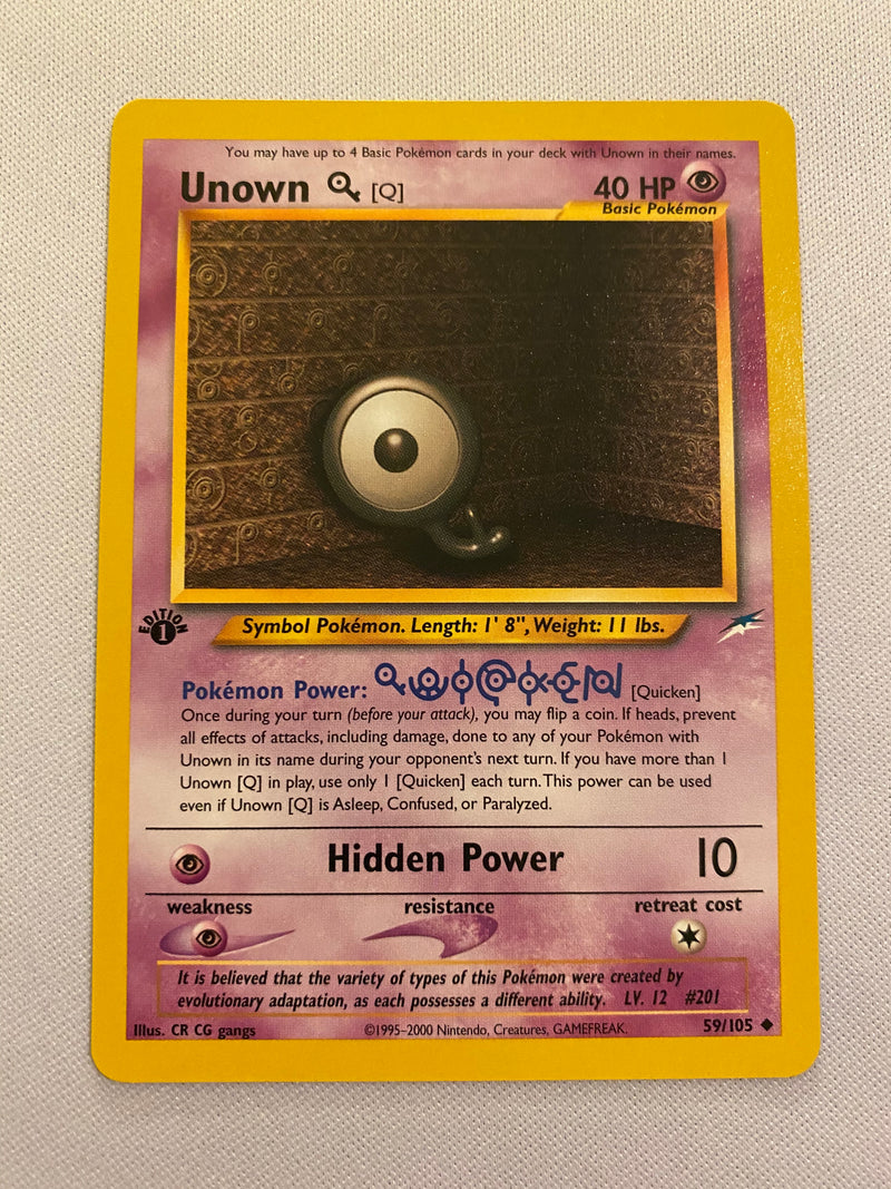 Unown Q 59/105  Uncommon 1st Edition Neo Destiny Pokemon Caed Near Mint