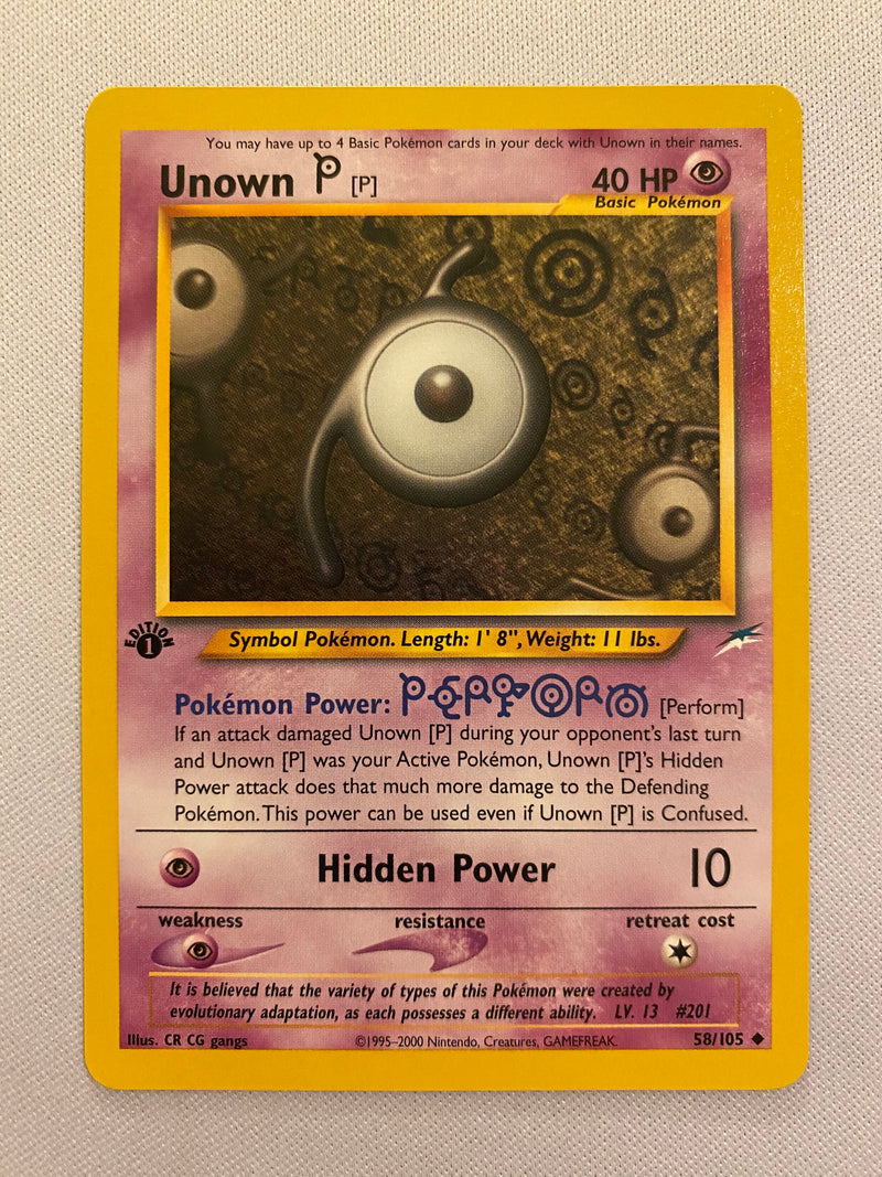Unown P 58/105 Uncommon 1st Edition Neo Destiny Pokemon Card Near Mint Unown P 58/105 Uncommon 1st Edition Neo Destiny Pokemon Card Near Mint