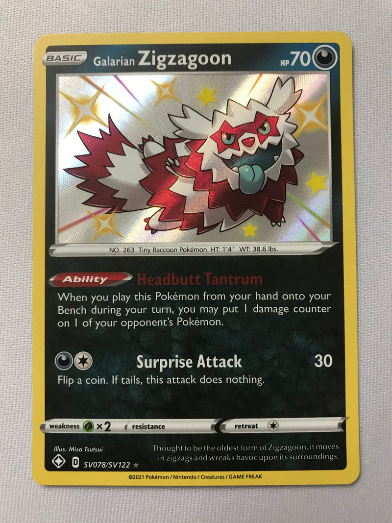 Galarian Zigzagoon SV078/SV122 Shiny Holo Rare Shining Fates Pokemon Card NM
