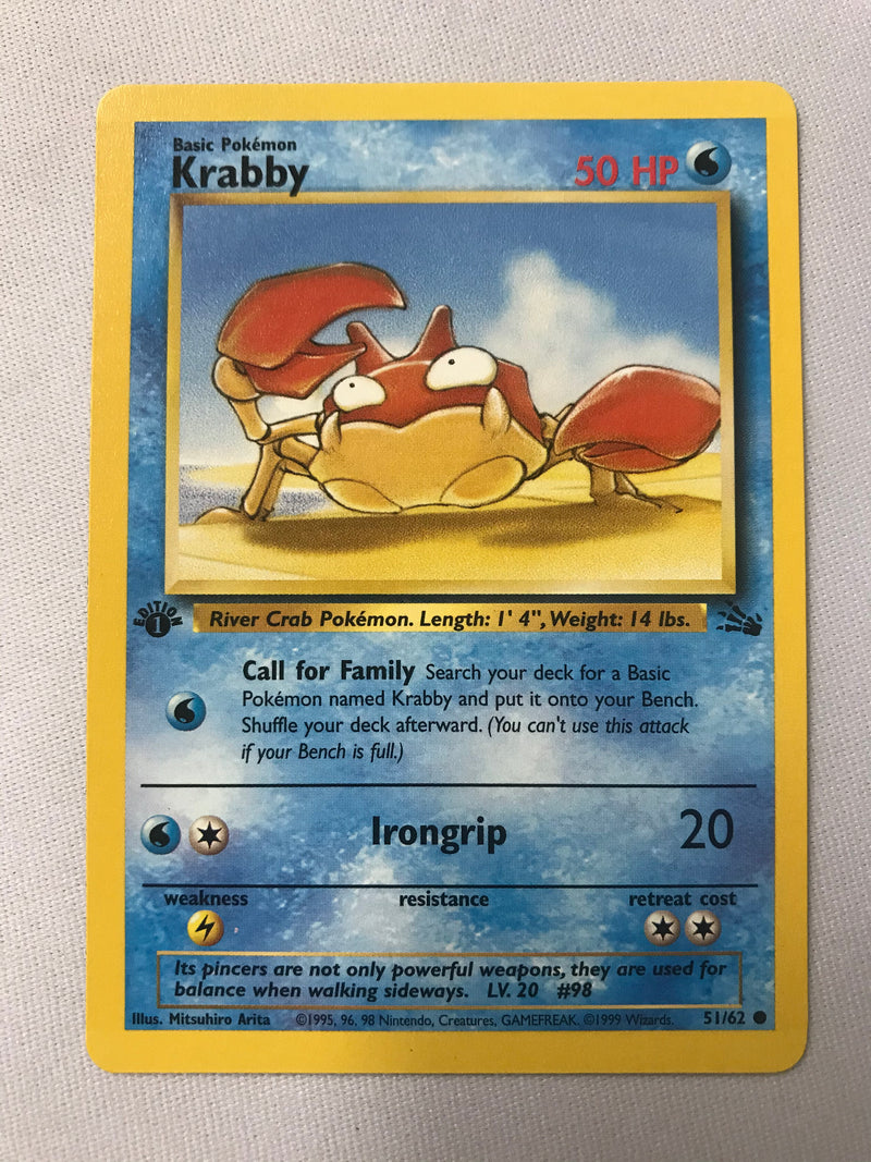 Krabby 51/62 Fossil Set Common 1st Edition Pokemon Card Near Mint
