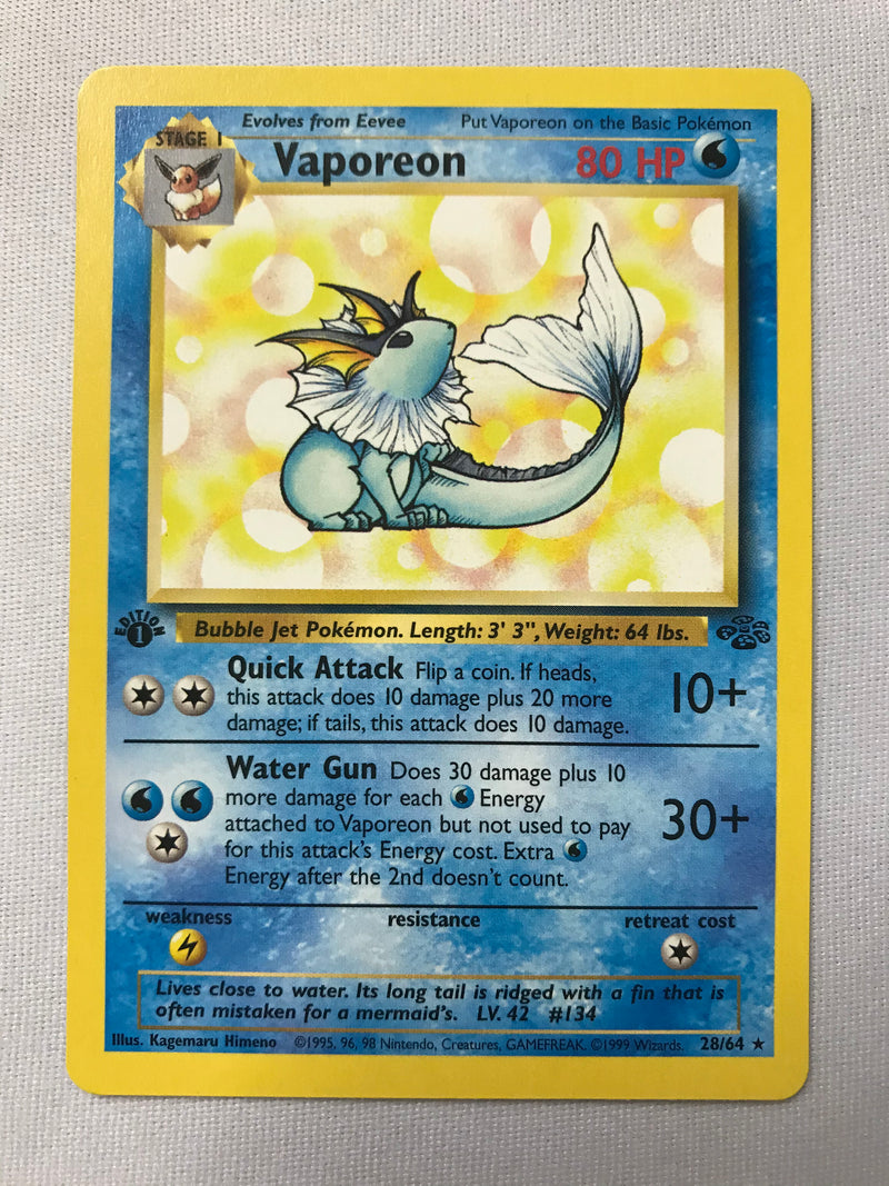 Vaporeon 28/64 Non-Holo Rare 1st Edition Jungle Set Pokemon Card Near
