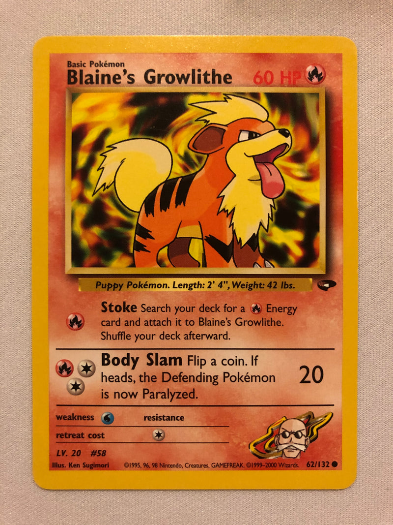 Blaine’s Growlithe 62/132 Gym Challenge Common Pokemon Card Near Mint