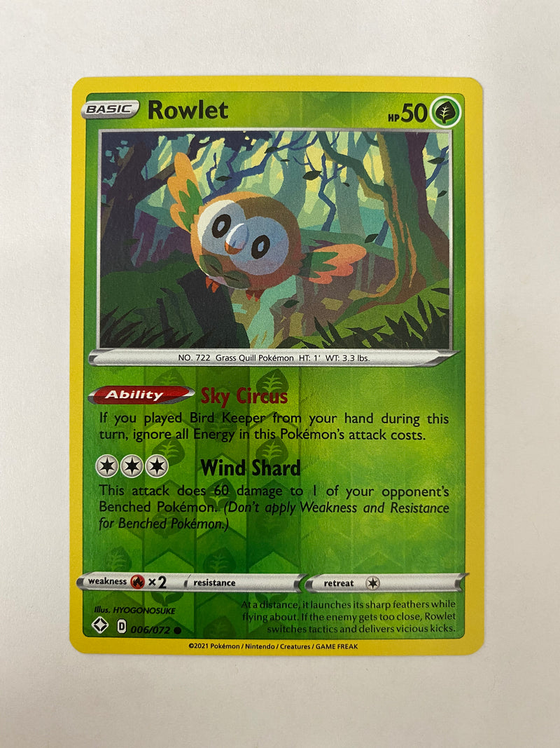 Rowlet 006/072 Reverse Holo, Shining Fates Pokemon Card NM