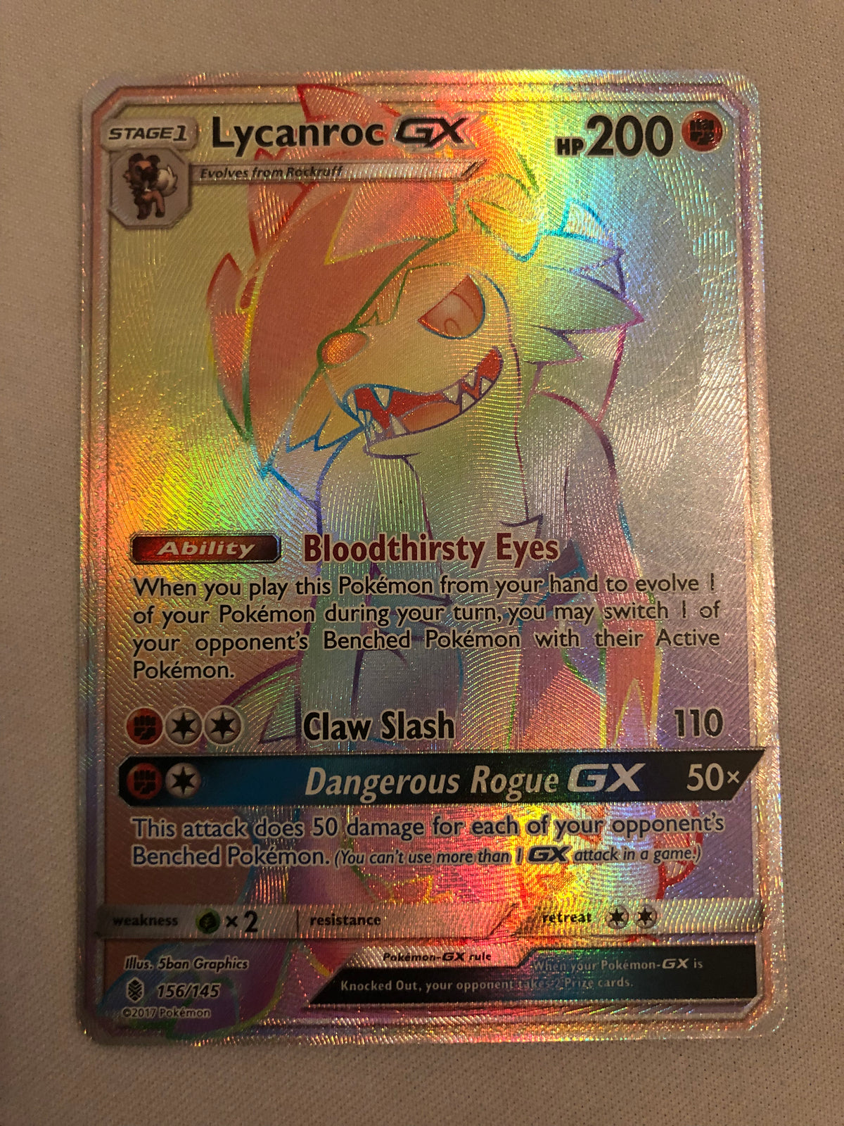 Lycanroc GX 156/145 Guardians Rising Secret Rainbow Rare Pokemon Card