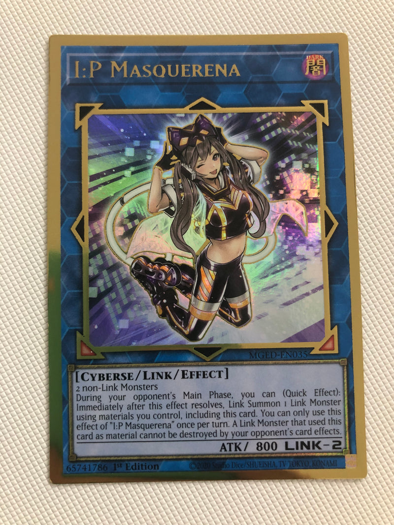 Yugioh I:P Masquerena MGED-EN035 1st Edition Premium Gold Rare Near Mint