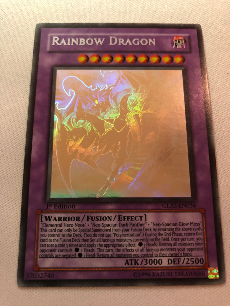 Yugioh Elemental Hero Chaos Neos/Rainbow Dragon GLAS-EN036 1st Edition Misprint Ghost Rare NM/EX