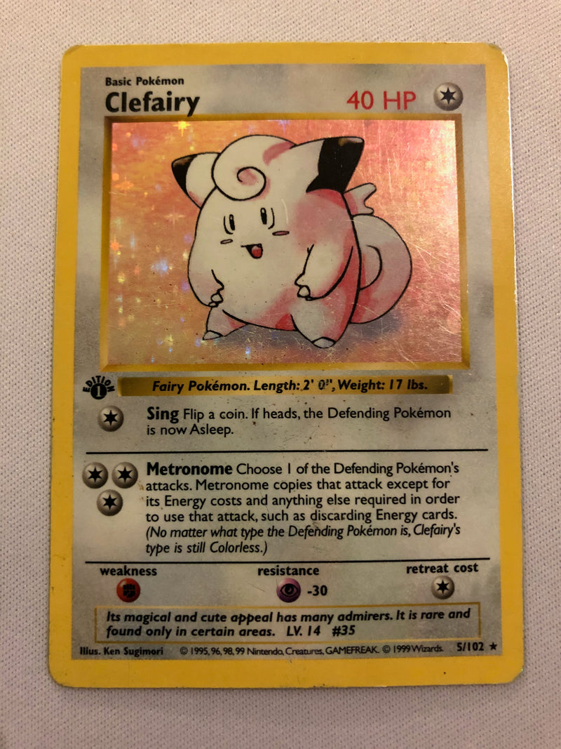 Clefairy 5/102 Base Set 1st Edition Shadowless Holo Pokemon Card Excel Clefairy 5/102 Base Set 1st Edition Shadowless Holo Pokemon Card Excel
