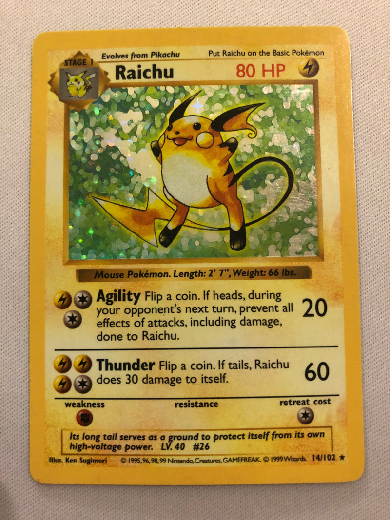 Raichu 14/102 Holo Rare Shadowless Base Set Pokemon Card Near Mint/Exc Raichu 14/102 Holo Rare Shadowless Base Set Pokemon Card Near Mint/Exc