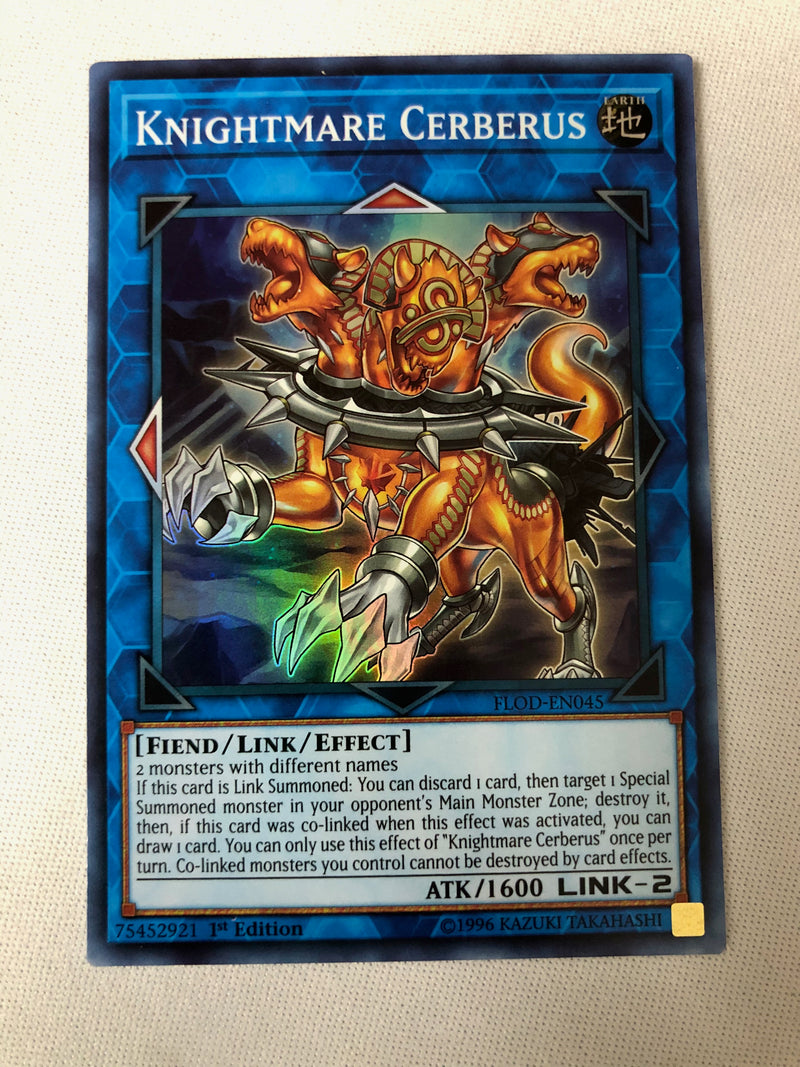 Yugioh Knightmare Cerberus FLOD-EN045 Super Rare Unlimited Edition Nea Yugioh Knightmare Cerberus FLOD-EN045 Super Rare Unlimited Edition Nea