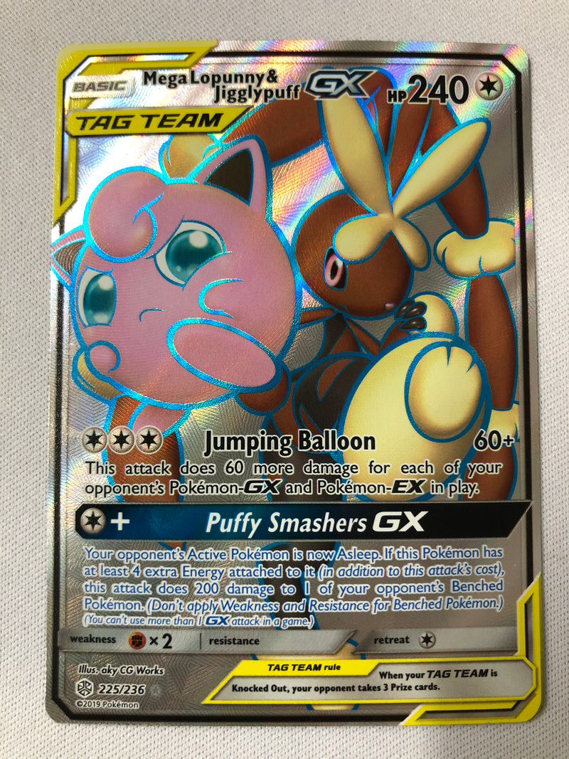 Mega Lopunny & Jigglypuff GX 225/236 Full Art Ultra Rare Cosmic Eclips Mega Lopunny & Jigglypuff GX 225/236 Full Art Ultra Rare Cosmic Eclips