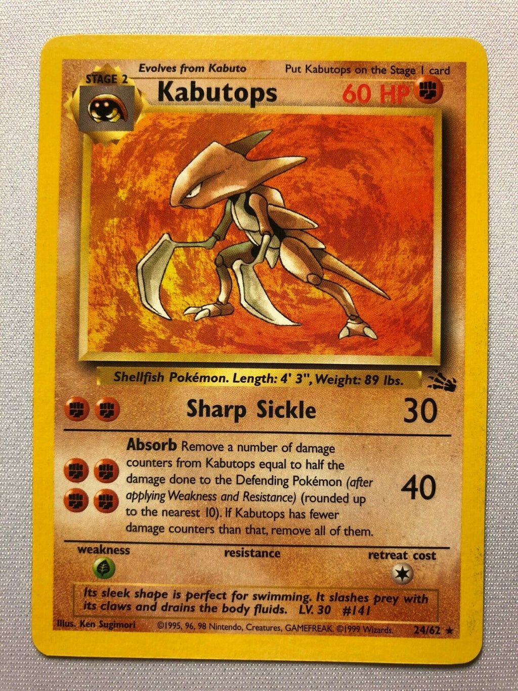 kabuto pokemon card value Kabutops 24/62 Fossil Set Non-Holo Rare Pokemon Card Near Mint