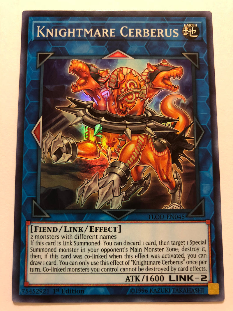 Yugioh Knightmare Cerberus FLOD-EN045 Super Rare 1st Edition Near Mint
