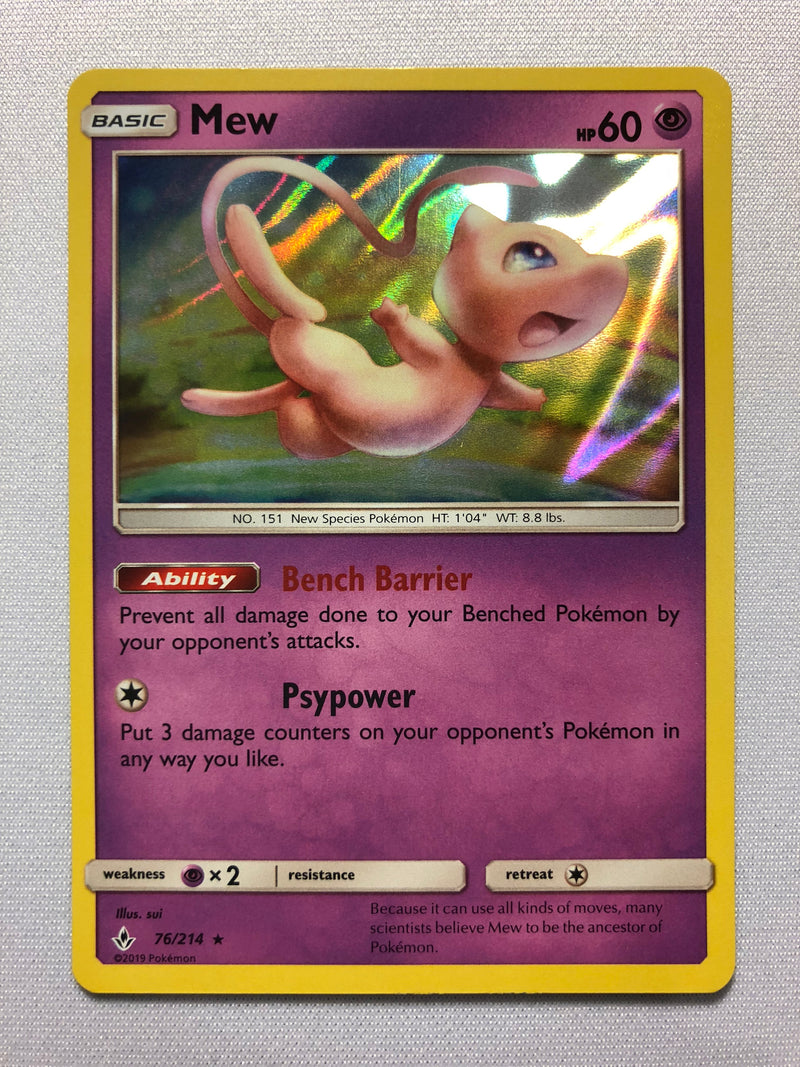Mew 76/214 Holo Rare Sun & Moon Unbroken Bonds Pokemon Card Near Mint Mew 76/214 Holo Rare Sun & Moon Unbroken Bonds Pokemon Card Near Mint