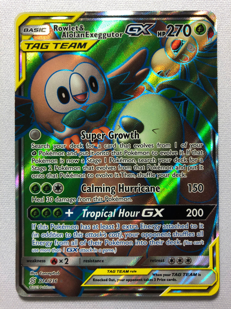 Rowlet & Alolan Exeggutor GX 214/236 Cosmic Eclipse Holo Pokemon Card NM