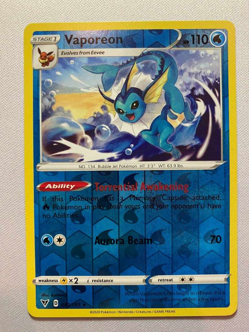 Vaporeon 030/185 Reverse Holo Vivid Voltage Pokemon Card Near Mint Vaporeon 030/185 Reverse Holo Vivid Voltage Pokemon Card Near Mint