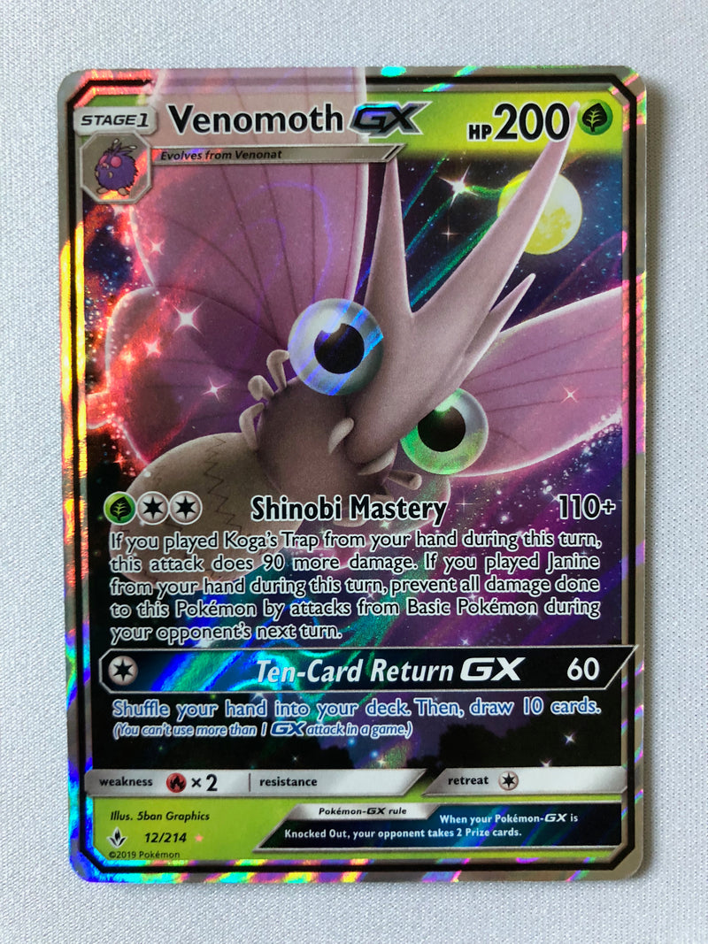 Venomoth GX 12/214 SM Unbroken Bonds Ultra Rare Pokemon Card Near Mint